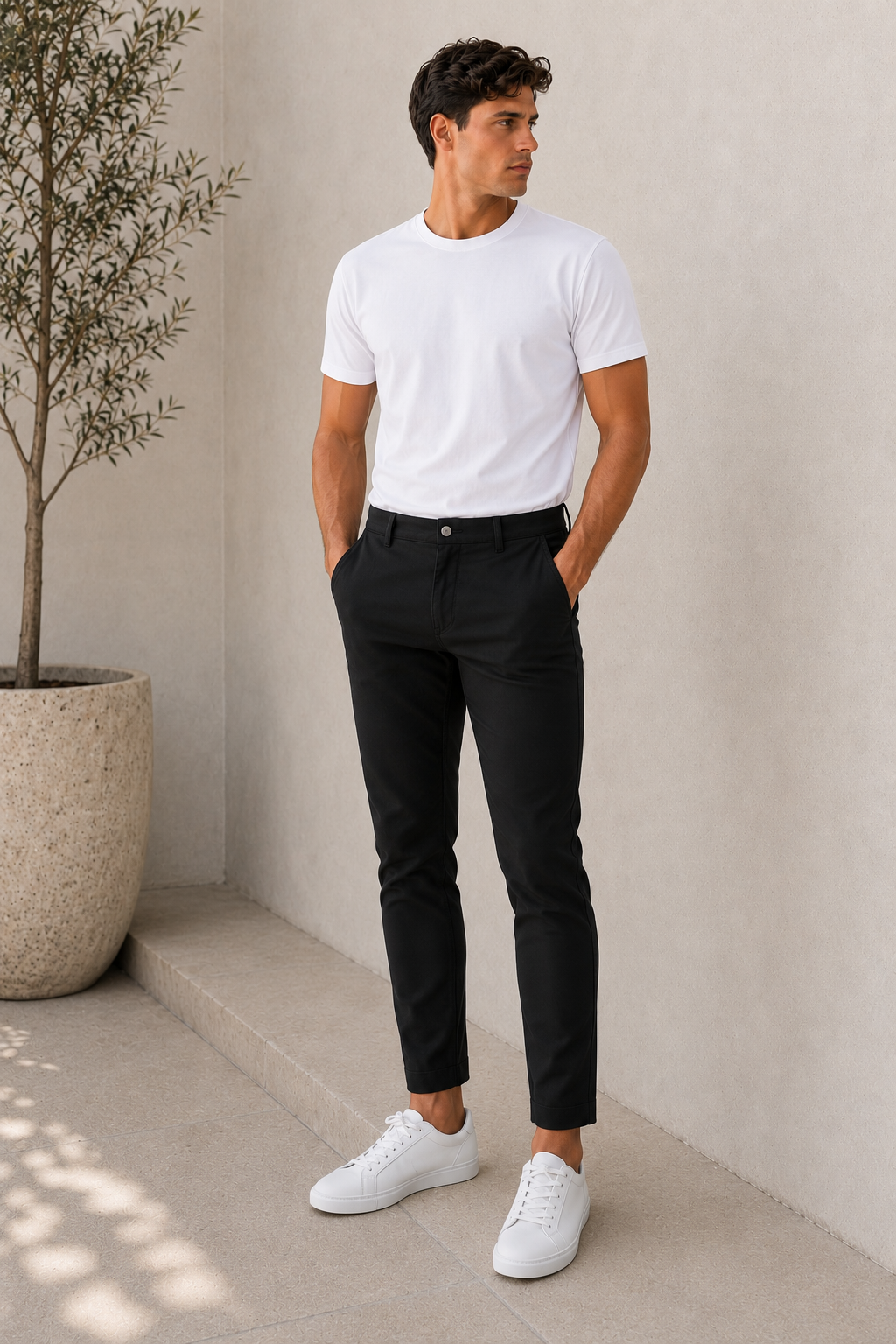 Men's slim fit chinos worn front-facing, showing tailored silhouette and straight leg line