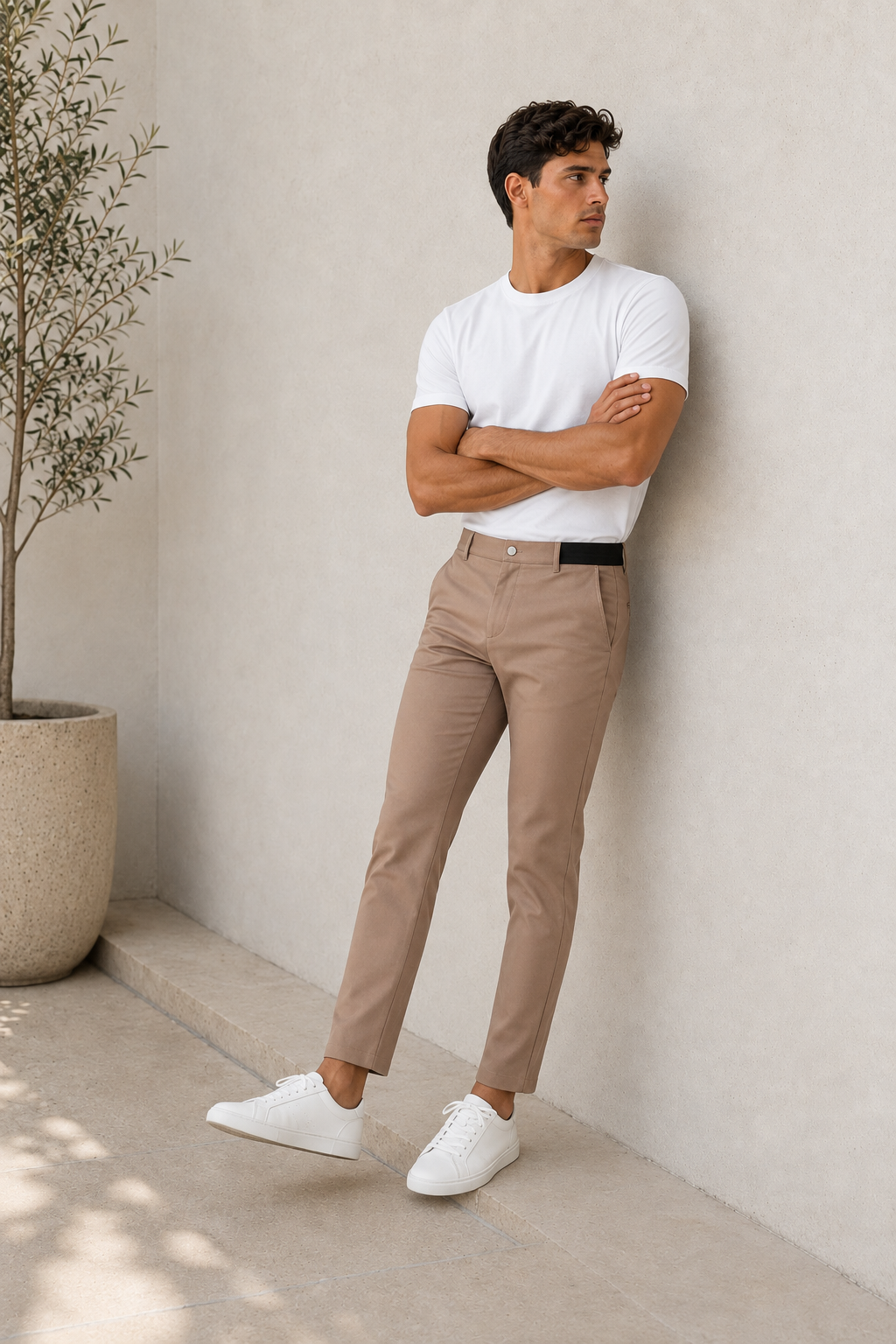 Men's slim fit trousers full-length view styled for a smart casual everyday look