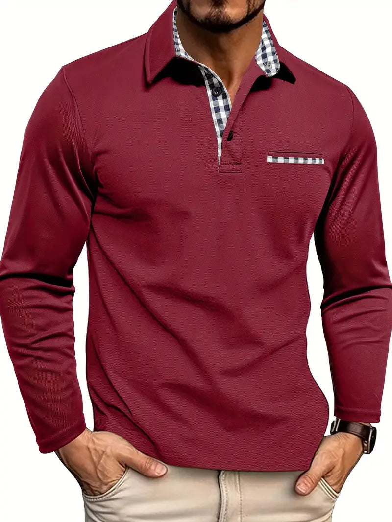 Polo à manches longues en maille avec col contrasté, coupe droite, homme