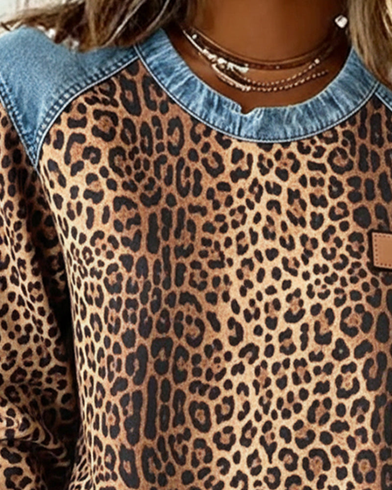 Haut en denim patchwork à motif léopard, manches longues, silhouette ample pour femme