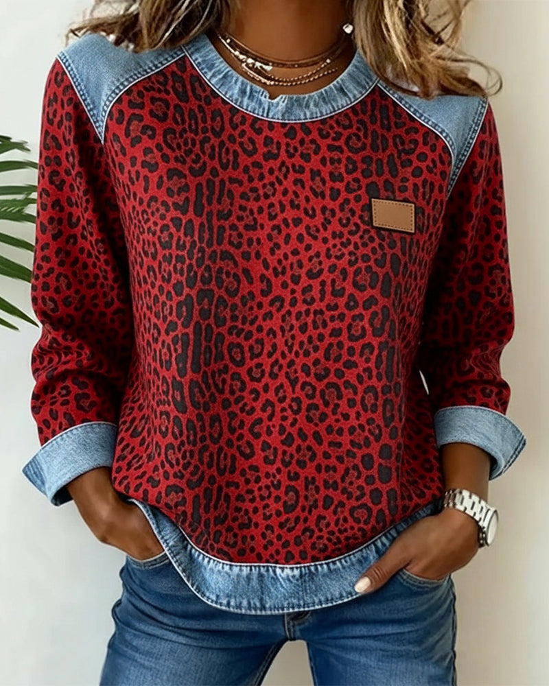 Sweat-shirt à imprimé animalier avec insertions denim, manches longues, style casual femme