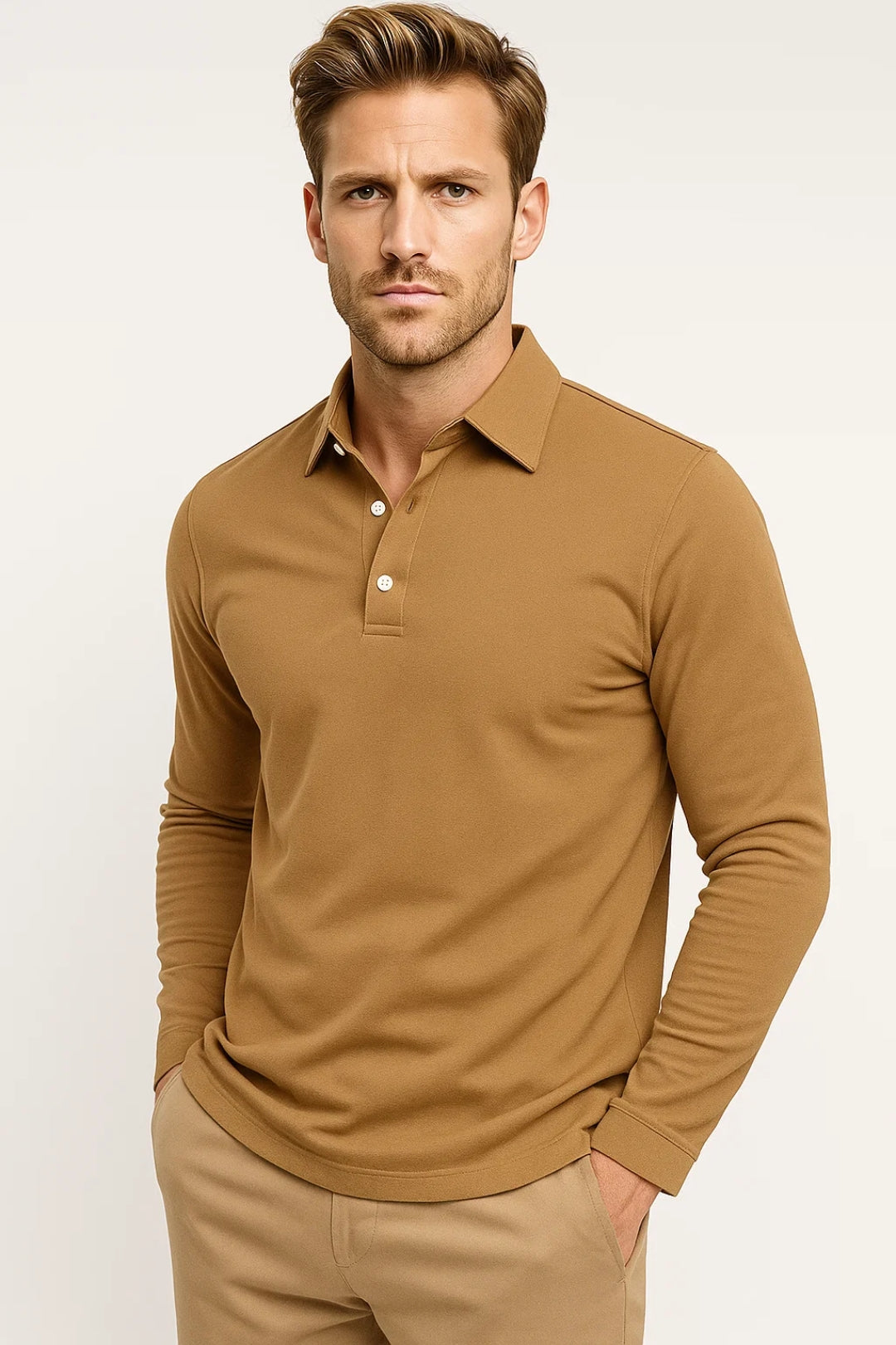 Polo en tissu extensible à col classique et manches longues, coupe ajustée pour homme