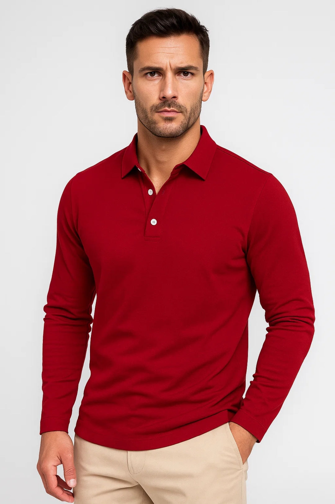 T-shirt polo à col structuré et manches longues en tissu extensible, coupe slim homme