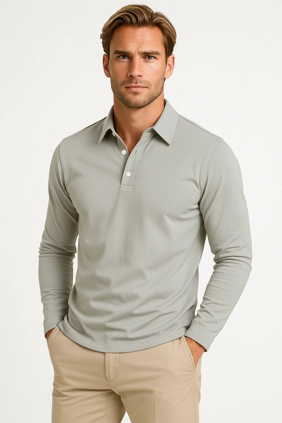 Polo à col classique, manches longues et ourlet droit, tissu doux extensible pour homme