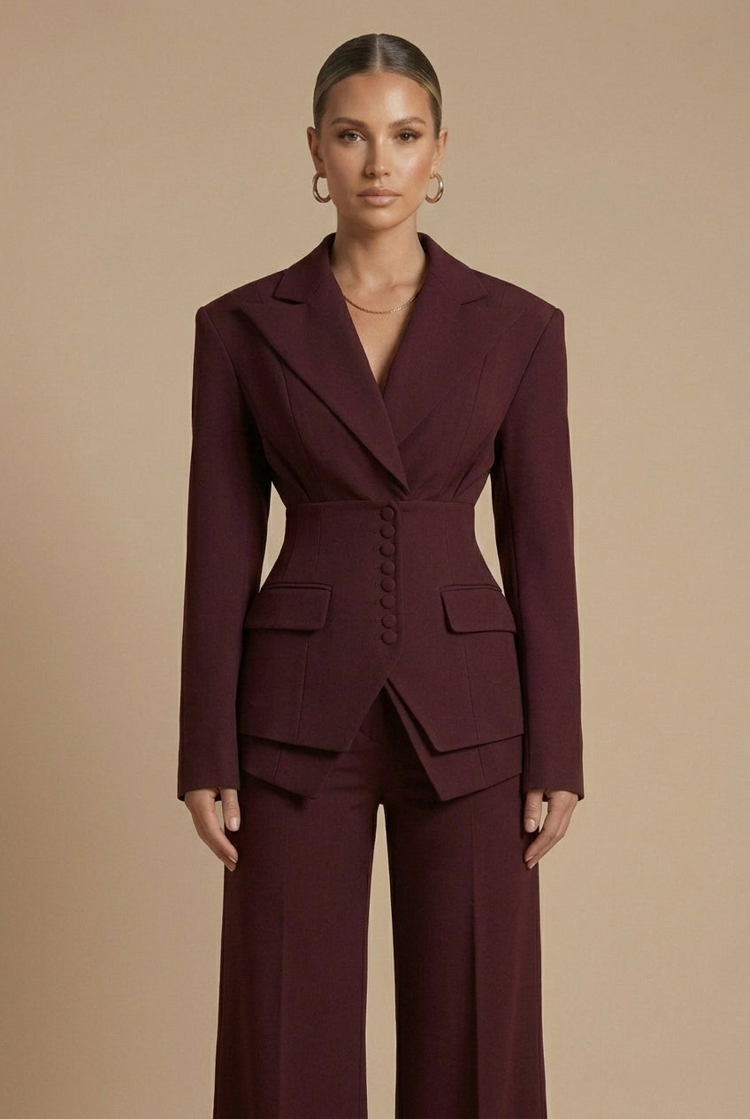 Ensemble tailleur femme, détail des revers pointus et de la boutonnière du blazer
