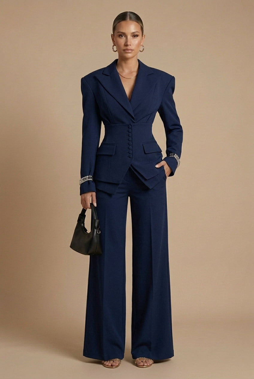 Dos du blazer ajusté à revers pointus, coupe cintrée, tailleur deux pièces femme