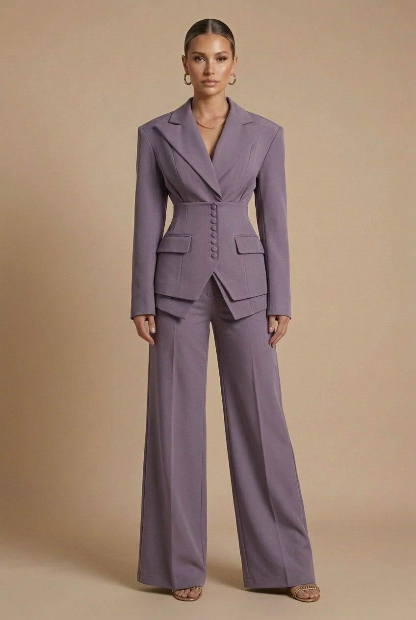 Tailleur deux pièces femme porté debout, pantalon fluide à jambes larges, coupe droite