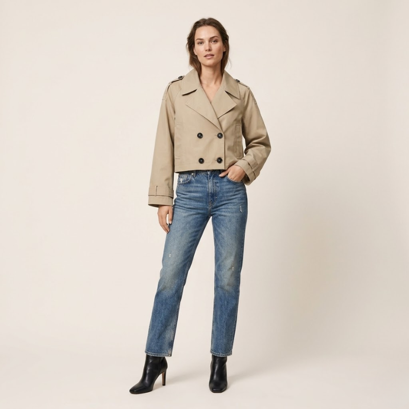 Veste trench courte à boutonnage croisé, ceinturée, coupe structurée femme