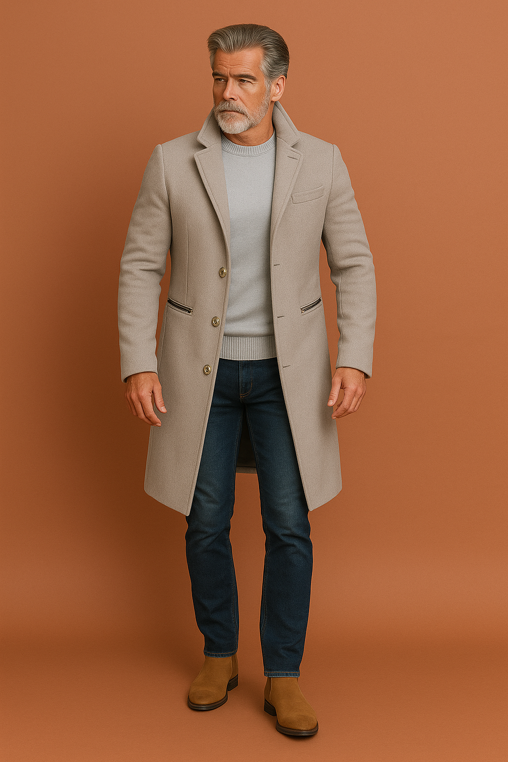 Manteau long structuré à boutonnage simple, coupe droite, pour homme