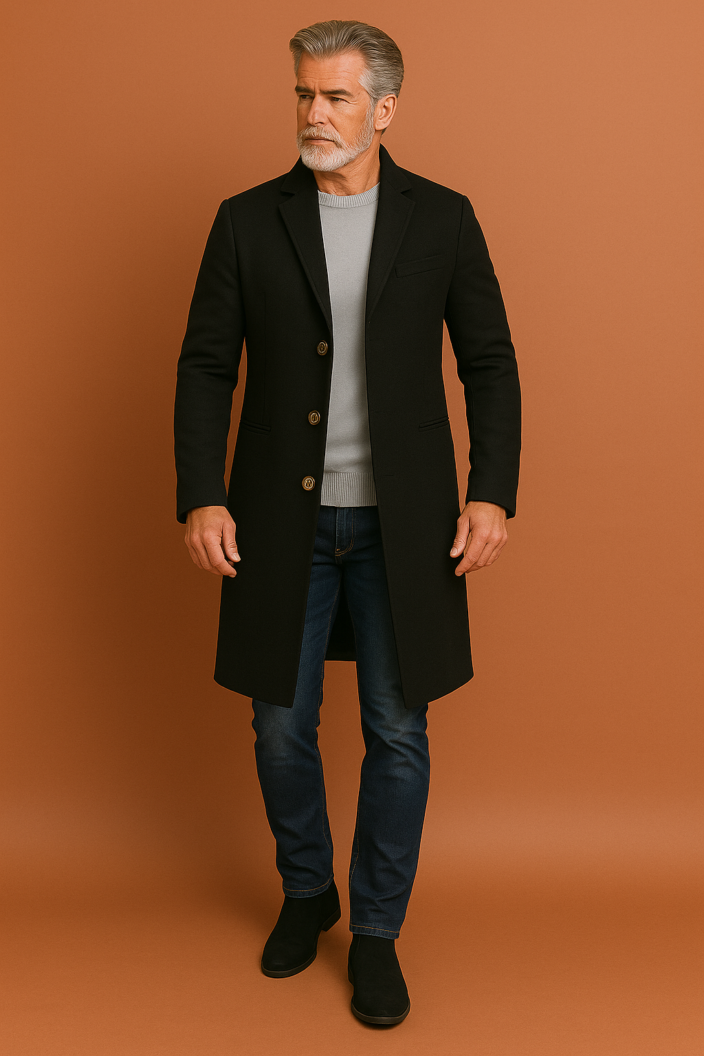 Manteau long à revers crantés et ceinture, coupe ajustée pour homme