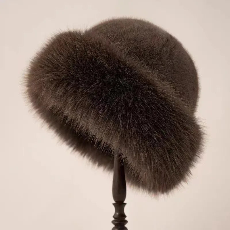 Women's faux fur winter hat shown from a slight angle, highlighting the brim and silhouette