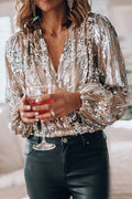 Blouse à sequins coupe ajustée col V manches longues froncées pour femme