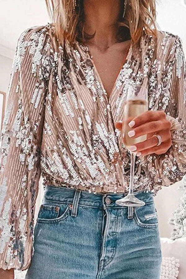Blouse à sequins effet portefeuille manches longues poignets élastiqués femme