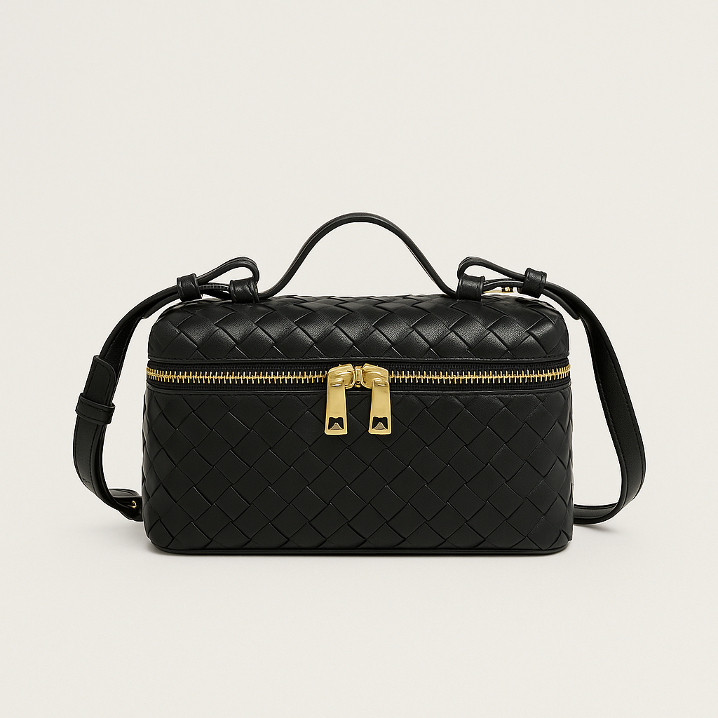 Women's woven shoulder bag with structured silhouette and gold-tone hardware, front view