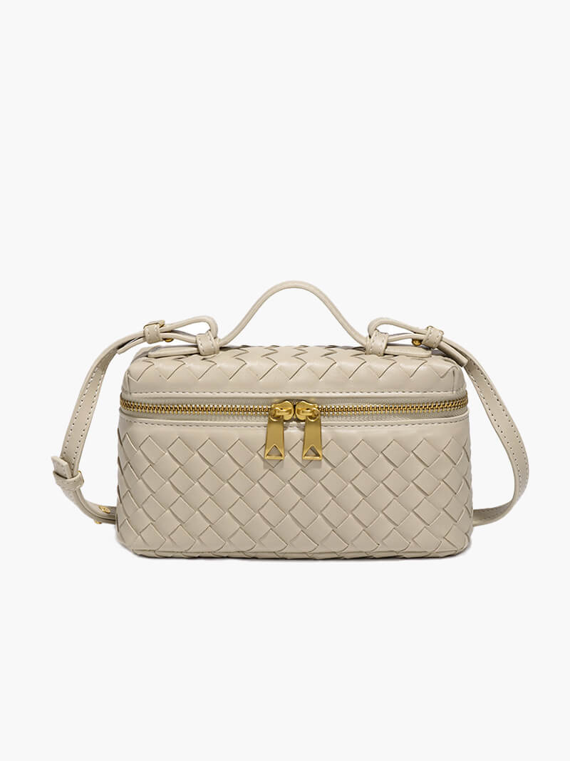 Woven PU leather shoulder bag with adjustable strap and top handle detail