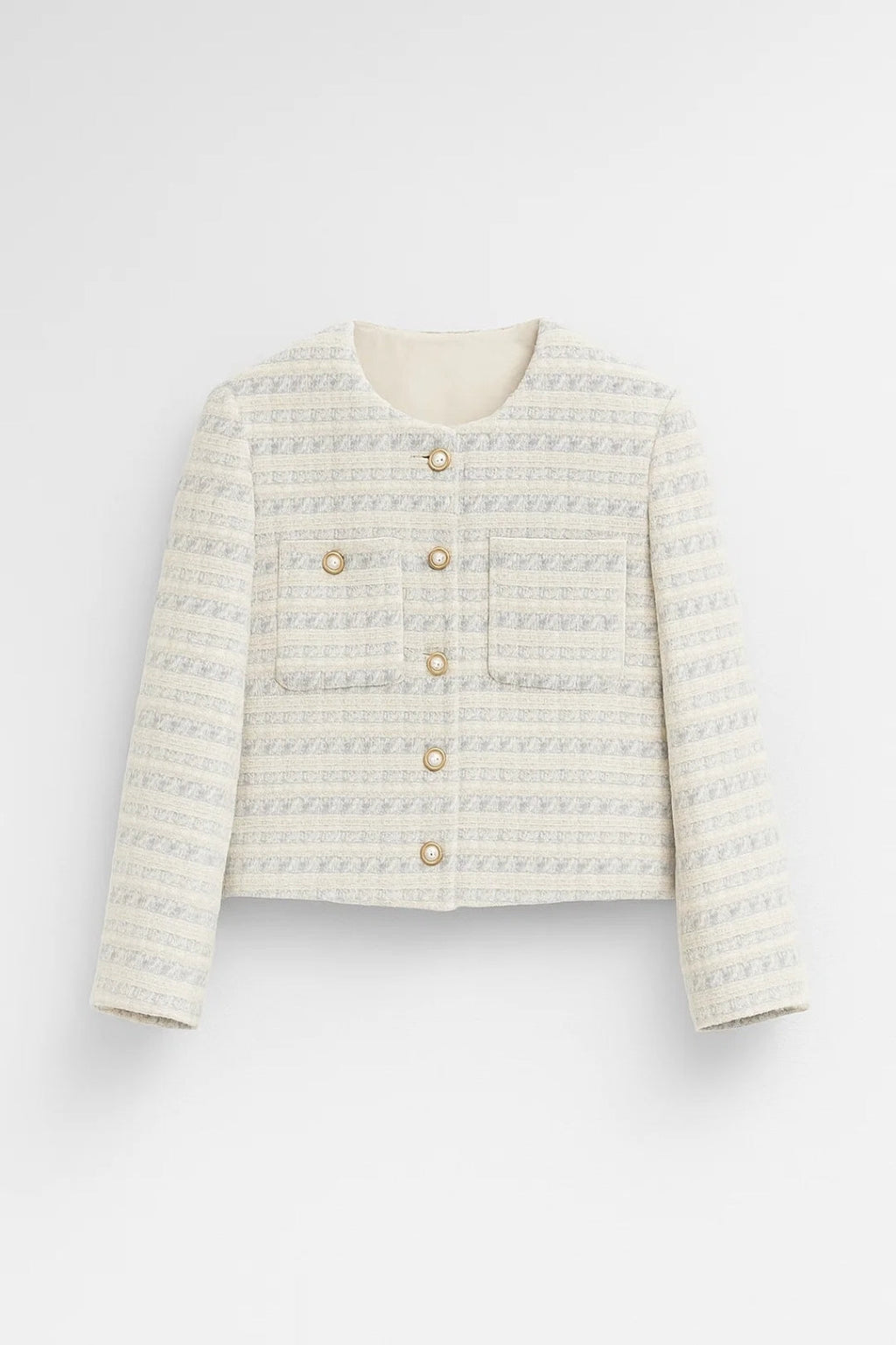 Veste courte en tissu texturé, col rond, coupe cintrée, finition boutonnée pour femme
