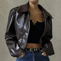 Veste courte femme en similicuir marron foncé