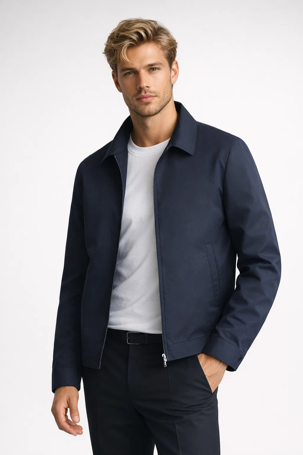 Veste tissée à zip central, col structuré, coupe près du corps, homme