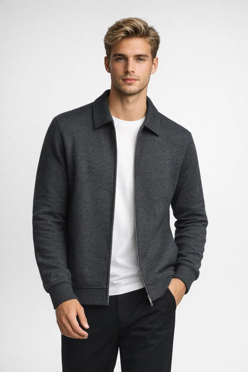 Veste zippée homme à col classique, silhouette cintrée