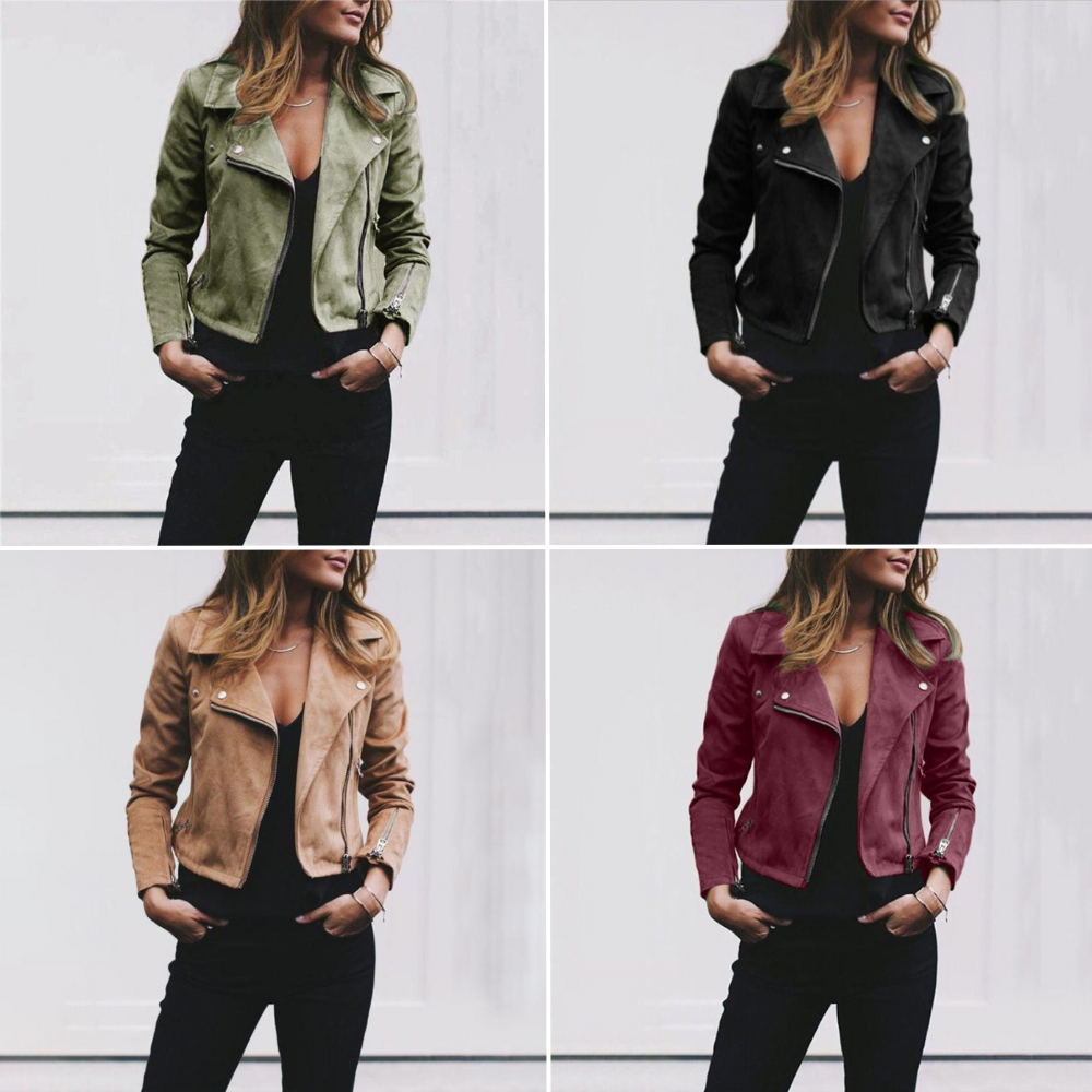 Veste courte en daim à zip asymétrique, style biker pour femme