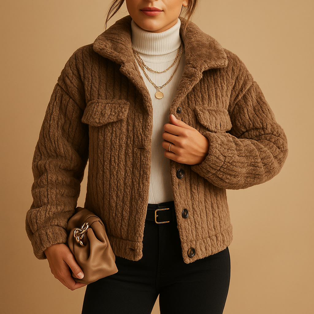 Veste beige femme avec col montant et boutons
