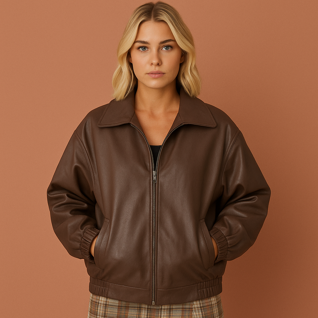 Veste bomber simili cuir oversize à fermeture zippée, col structuré et poignets élastiqués, femme