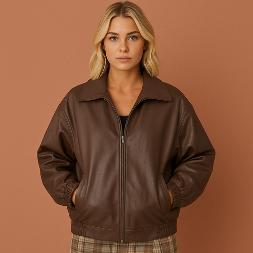 Veste bomber simili cuir oversize à fermeture zippée, col structuré et poignets élastiqués, femme