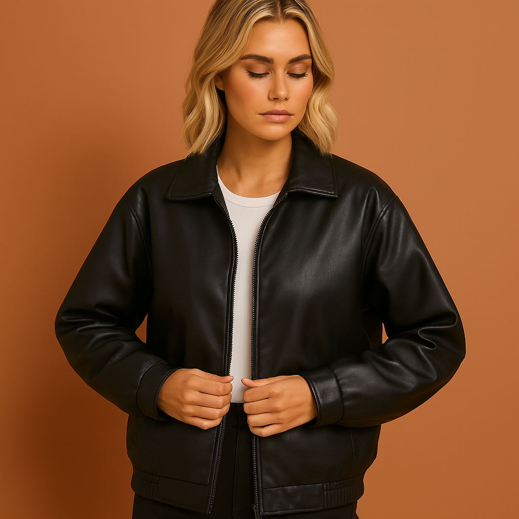 Veste bomber simili cuir oversize zippée, col structuré, poches latérales et ourlet élastiqué, femme