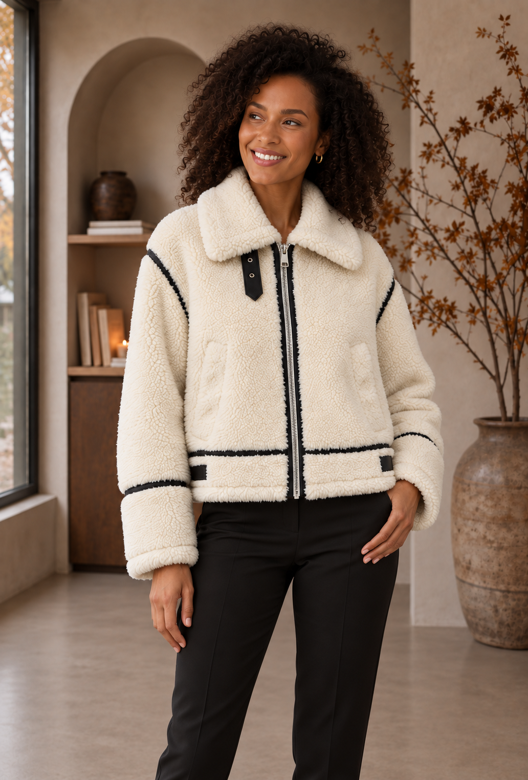 Women's cream cropped teddy jacket with wide collar, black-trimmed front zip and neck tab, front view