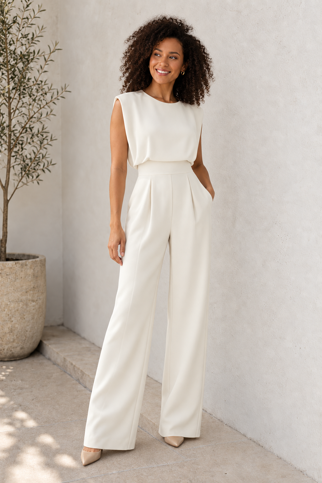 Women's formal wide-leg jumpsuit with draped neckline and clean seam construction