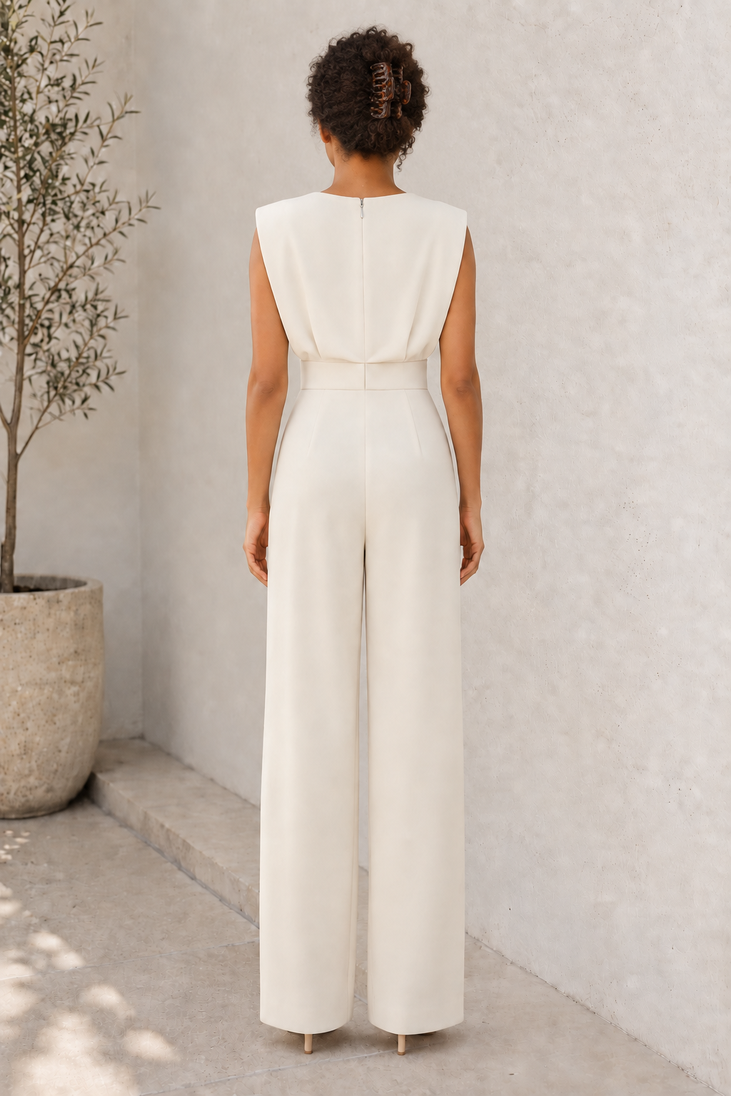 Women's formal wide-leg jumpsuit with draped neckline and clean seam construction