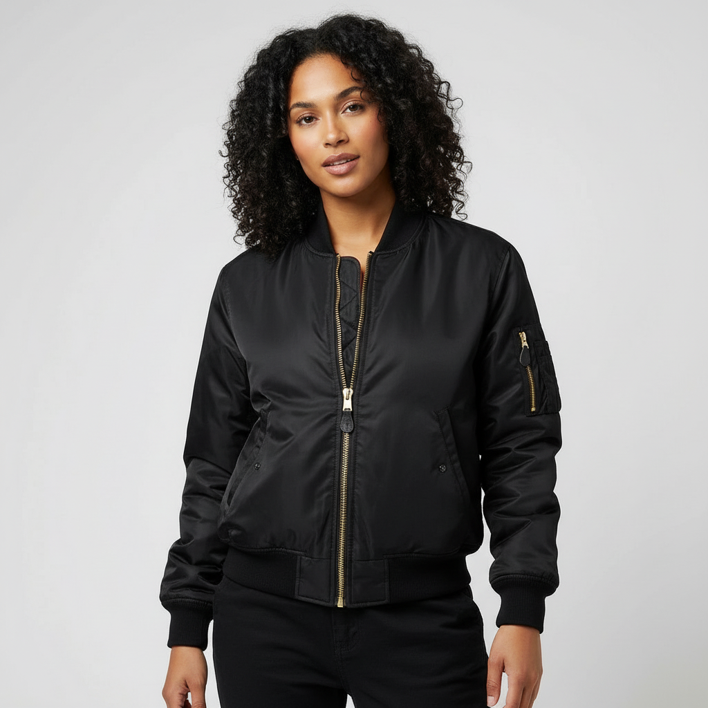 Blouson zippé femme en matière structurée avec empiècements côtelés aux poignets