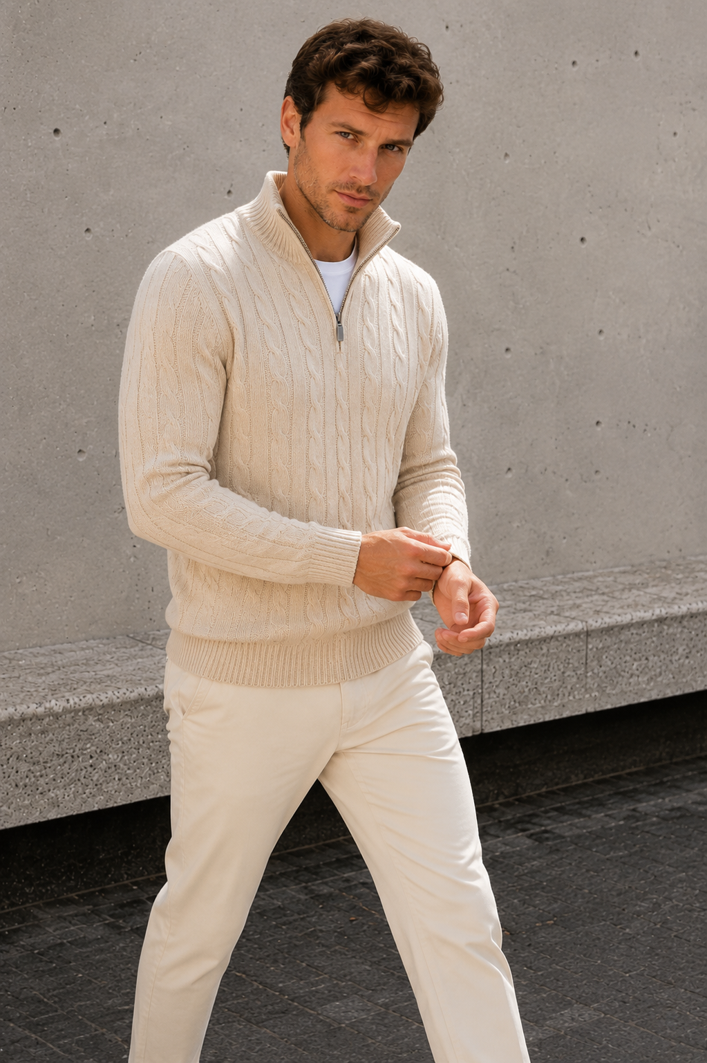 Men's cable-knit quarter-zip sweater in a warm neutral tone, regular fit