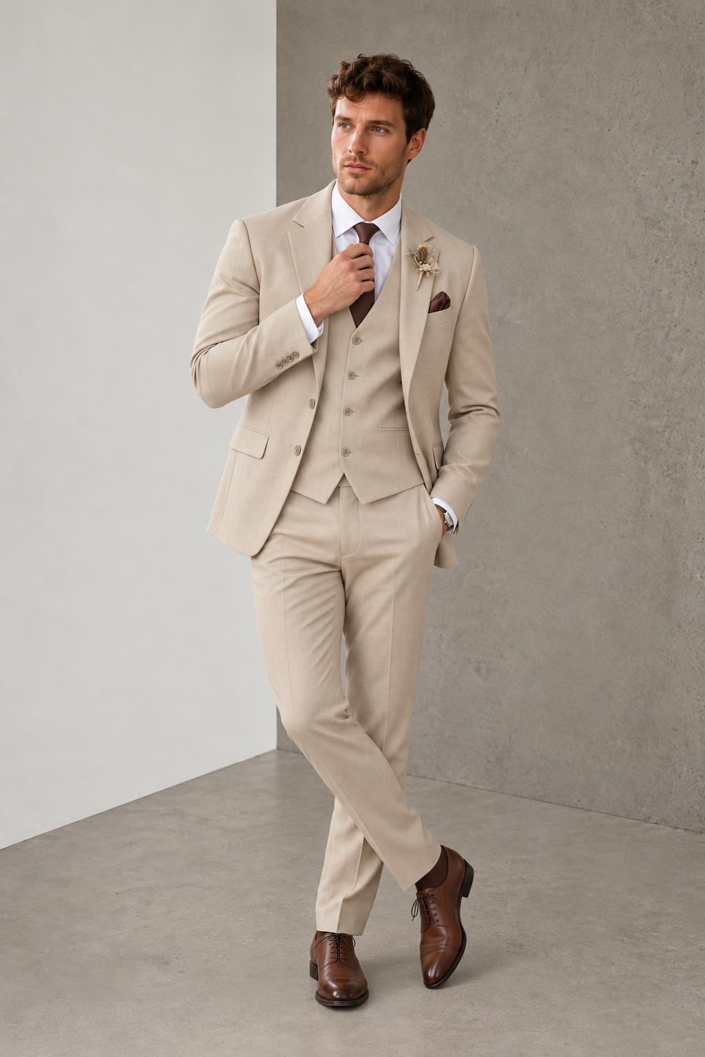 Men's formal 3-piece suit set in slim tailored fit — jacket, vest, and matching trousers