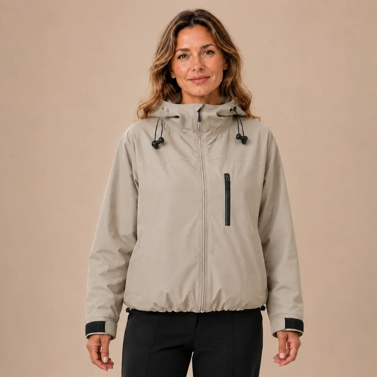 Women's short hooded raincoat in Khaki front view